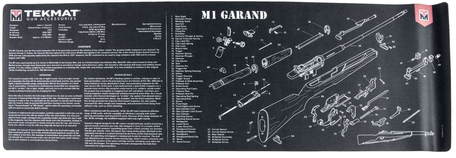 TekMat M1 Garand Parts Diagram Cleaning Mat Black and White Rubber 12"x36"
