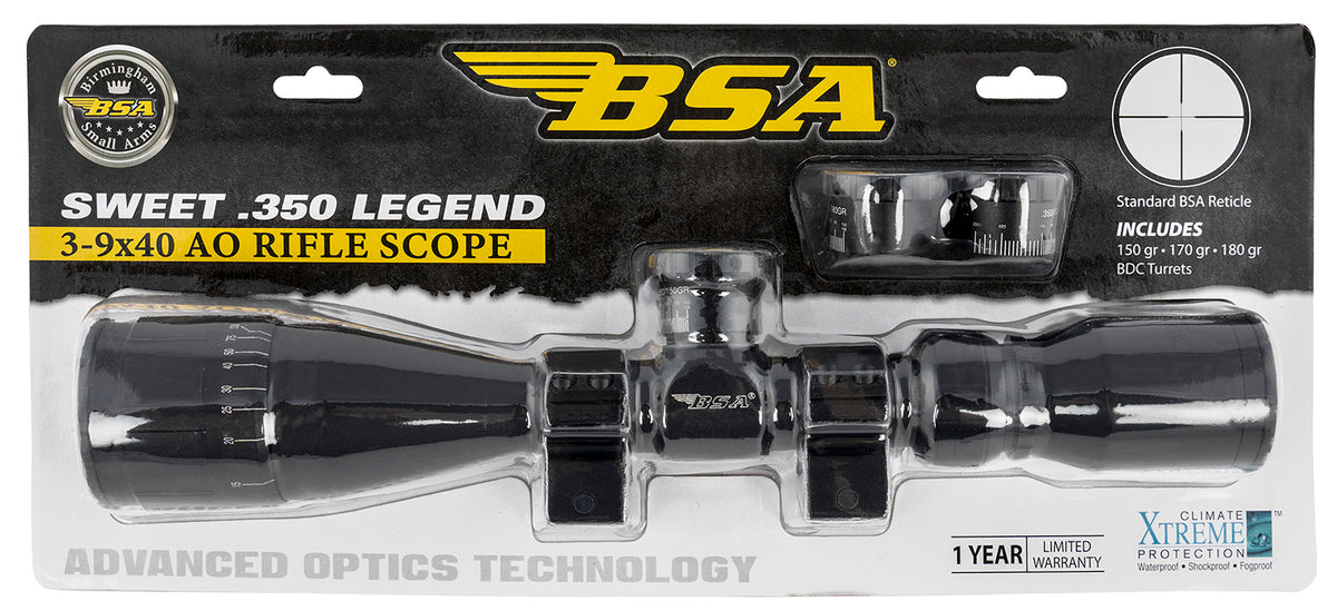 BSA Sweet 350 Legend 3-9x40mm Adjustable Objective Matte Black Rifle Scope 30/30 Reticle