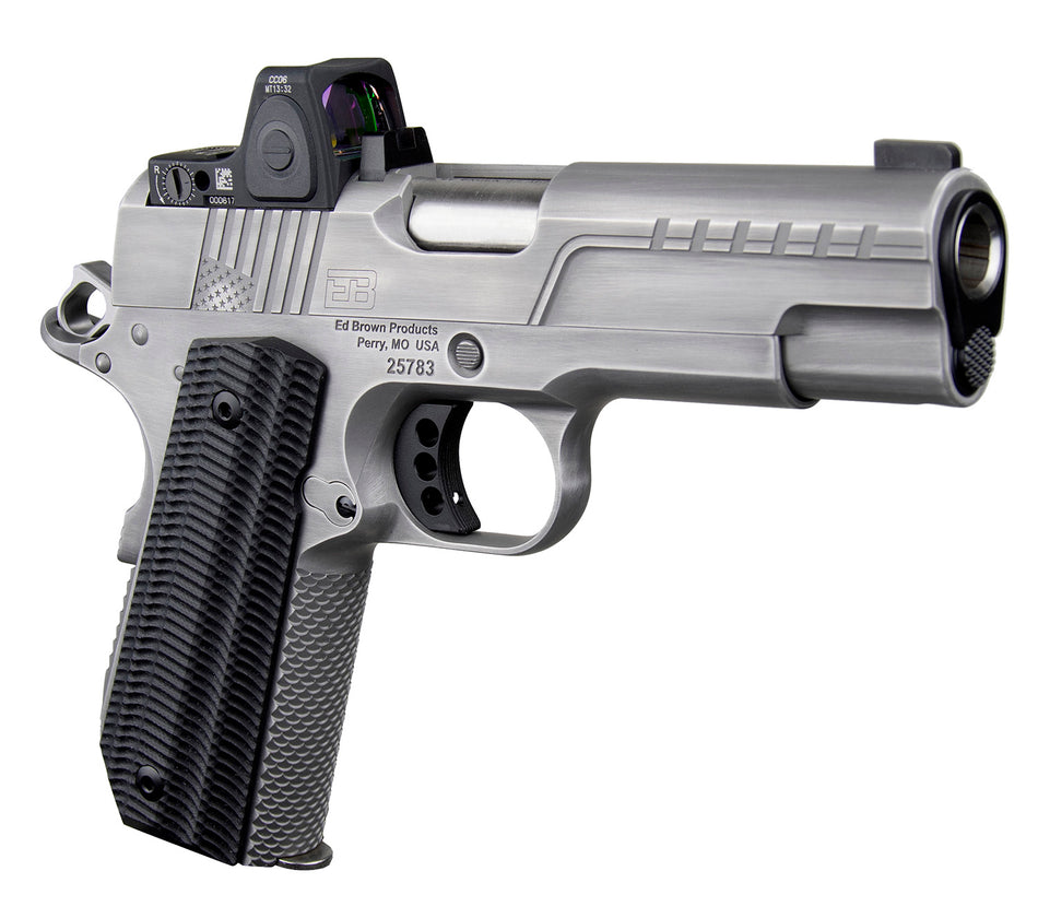 Ed Brown FX2SS FX2 45 ACP 7+1 4.25" Recessed Crown Barrel, Stainless Steel Engraved American Flag/Serrated Slide, Stainless Steel Frame, Trijicon RMRcc 3.25 MOA Sight
