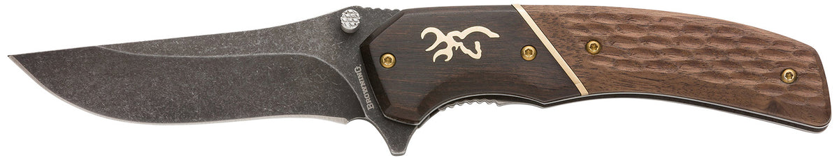 Browning Hunter Large EDC Folding Knife 3.5" Black Oxide 440C SS Blade Brown Jigged Hardwood Handle w/Clip