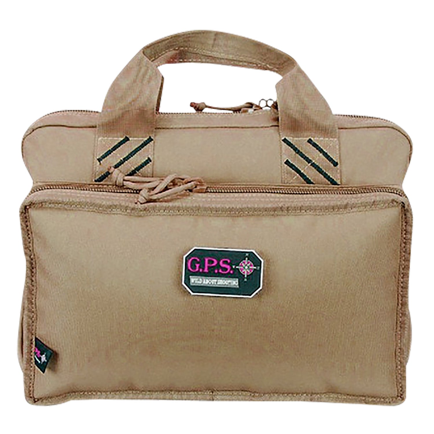 GPS Bags Quad Tan Range Bag with Flat Side Pockets for Mags and Ammo, Lockable Zippers, Holds 4 Pistols