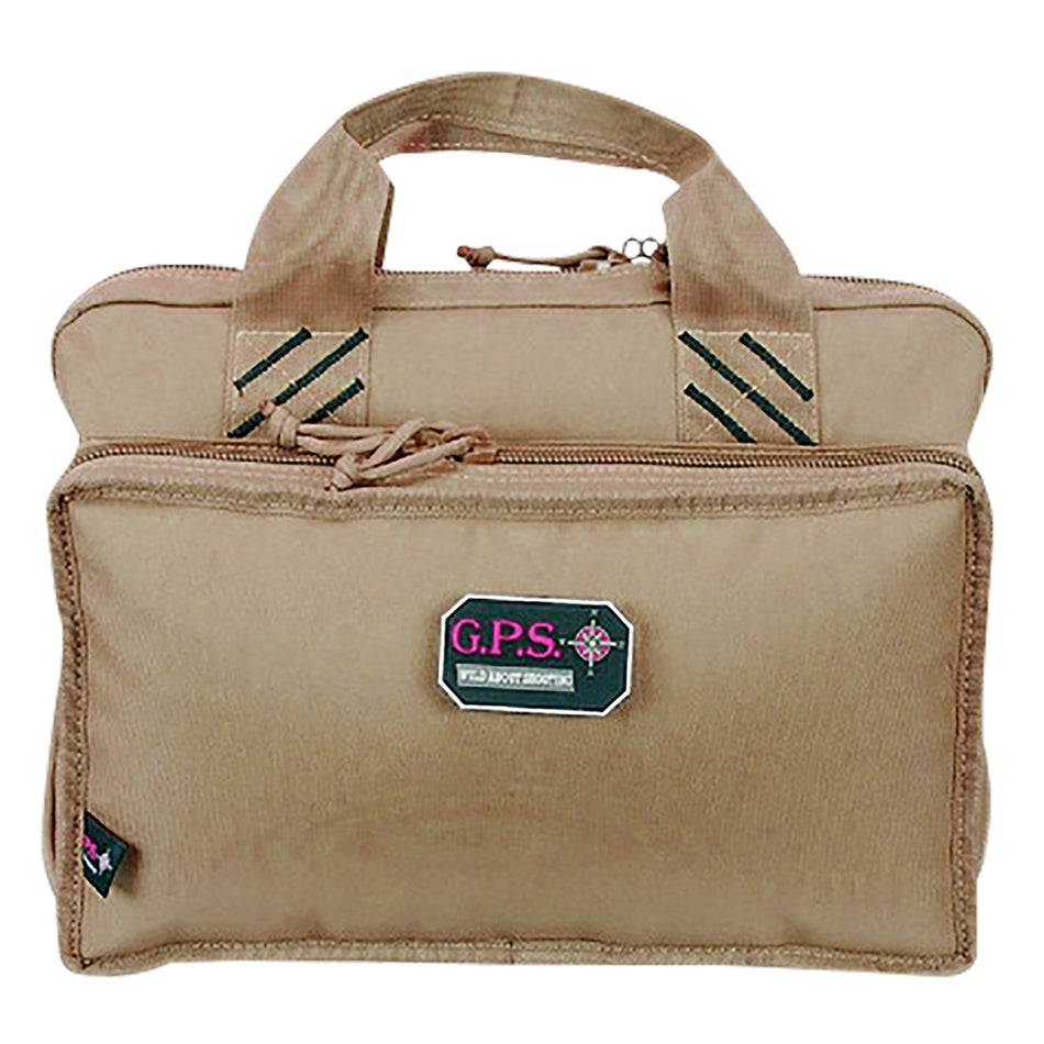 GPS Bags Quad Tan Range Bag with Flat Side Pockets for Mags and Ammo, Lockable Zippers, Holds 4 Pistols