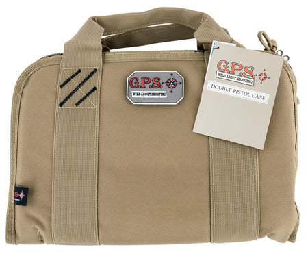 GPS Bags Double Pistol Case Tan Nylon, Visual ID Storage, Ammo Dump Cup, Holds 1-2 Handguns