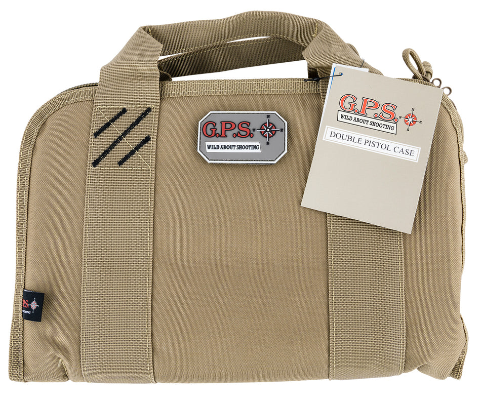 GPS Bags Double Pistol Case Tan Nylon, Visual ID Storage, Ammo Dump Cup, Holds 1-2 Handguns