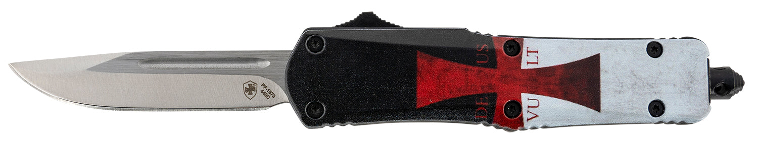 Templar STK332 Gen II Templar Flag Small OTF Knife 2.69" Plain 440C SS Drop Point Blade Aluminum Handle w/Glass Breaker