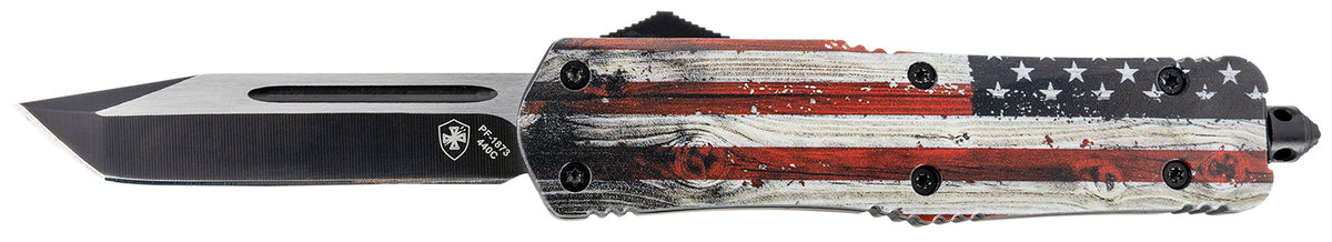 Templar Knife Gen II Wood US Flag Large 3.50" OTF Tanto Plain 440C Stonewashed Blade, Wood Grain US Flag Aluminum Handle & Glass Breaker