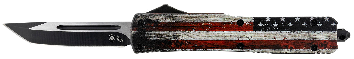 Templar Knife Gen II Wood US Flag Slim 3.43" OTF Tanto Plain 440C Stonewashed Blade, Wood Grain US Flag Aluminum Handle & Glass Breaker