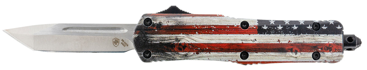 Templar Knife Gen II Wood US Flag Small OTF Tanto 2.69" Powder Coated 440C SS Blade 4.31" US Flag Wood Grain Aluminum Handle w/ Glass Breaker