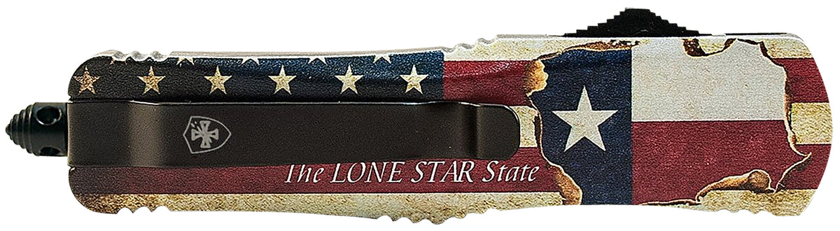 Templar Knife Gen II Texan Large 3.50" OTF Drop Point Part Serrated 440C Stonewashed Blade, Texas Flag Aluminum Handle & Glass Breaker