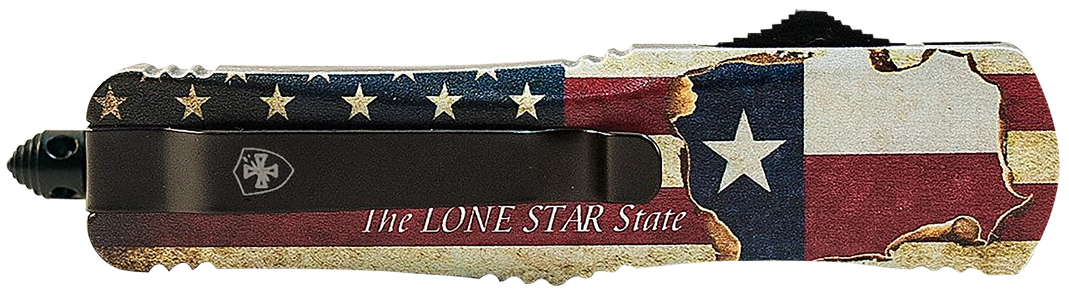 Templar Knife Gen II Texan Large 3.50" OTF Drop Point Part Serrated 440C Stonewashed Blade, Texas Flag Aluminum Handle & Glass Breaker