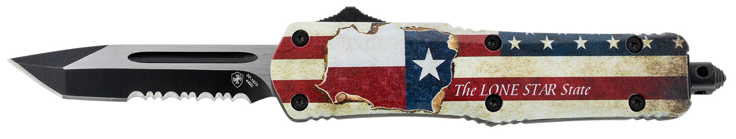 Templar Knife Gen II Texan Small 2.25" OTF Tanto Part Serrated 440C Stonewashed Blade, Texas Flag Aluminum Handle & Glass Breaker
