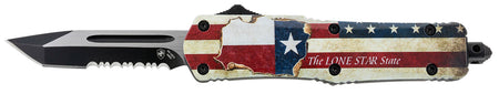 Templar Knife Gen II Texan Small 2.25" OTF Tanto Part Serrated 440C Stonewashed Blade, Texas Flag Aluminum Handle & Glass Breaker