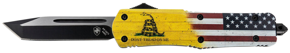 Templar Knife Gen II Don't Tread On Me Large 3.50" OTF Tanto Plain 440C Stonewashed Blade, Yellow DTOM Aluminum Handle & Glass Breaker
