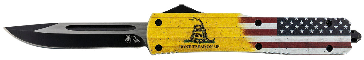 Templar Knife Gen II Don't Tread On Me Slim 3.50" OTF Drop Point Plain 440C Stonewashed Blade, Yellow DTOM Aluminum Handle & Glass Breaker
