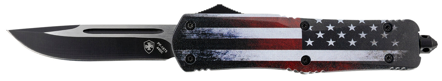 Templar Knife Gen II US Flag Large 3.50" OTF Drop Point Plain 440C Stonewashed Blade, US Flag Aluminum Handle & Glass Breaker