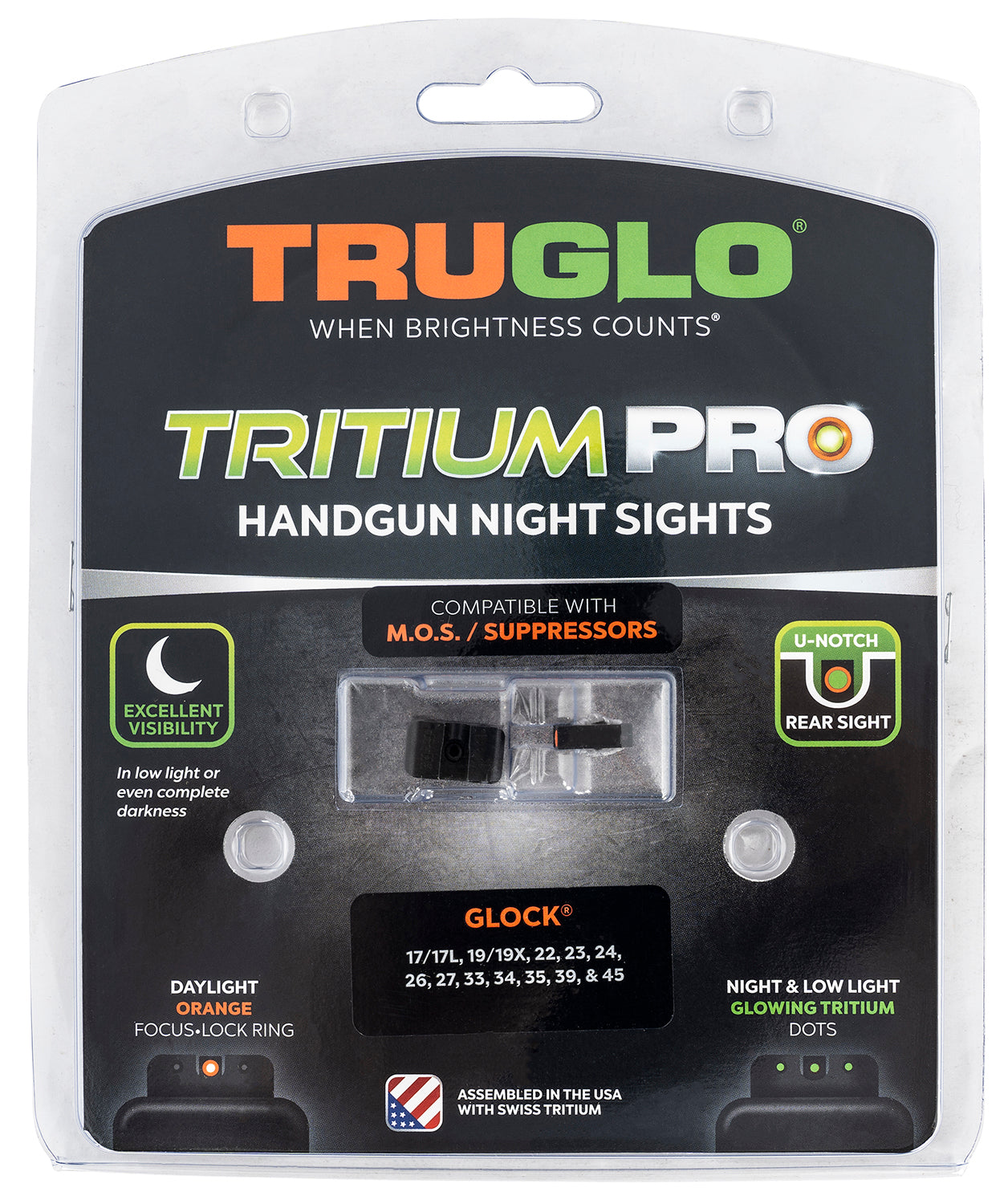 TruGlo TG231G1MC Tritium Pro Day/Night Handgun Sight Orange Outline Front & Green Tritium Rear Sight
