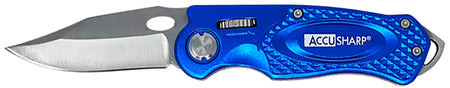 AccuSharp 701C Sport Folding Knife 3" Plain Stainless Blade - Blue Anodized Handle with Belt Clip