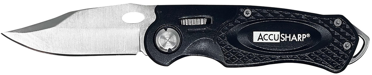 AccuSharp 703C Sport Folding Knife 3" Plain Stainless Blade - Black Anodized Handle with Belt Clip