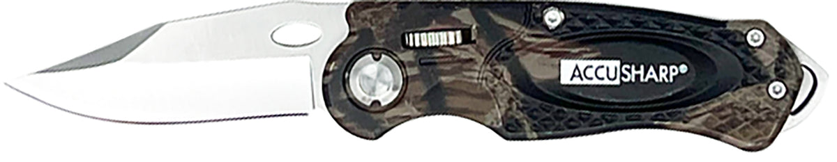 AccuSharp 704C Sport Folding Knife 3" Plain Stainless Blade - Camo Anodized Handle with Belt Clip