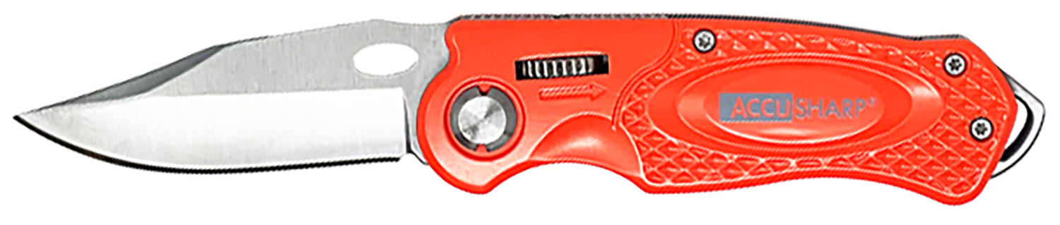 AccuSharp 709C Sport Folding Knife 3" Plain Stainless Blade - Blaze Orange Anodized Handle with Belt Clip