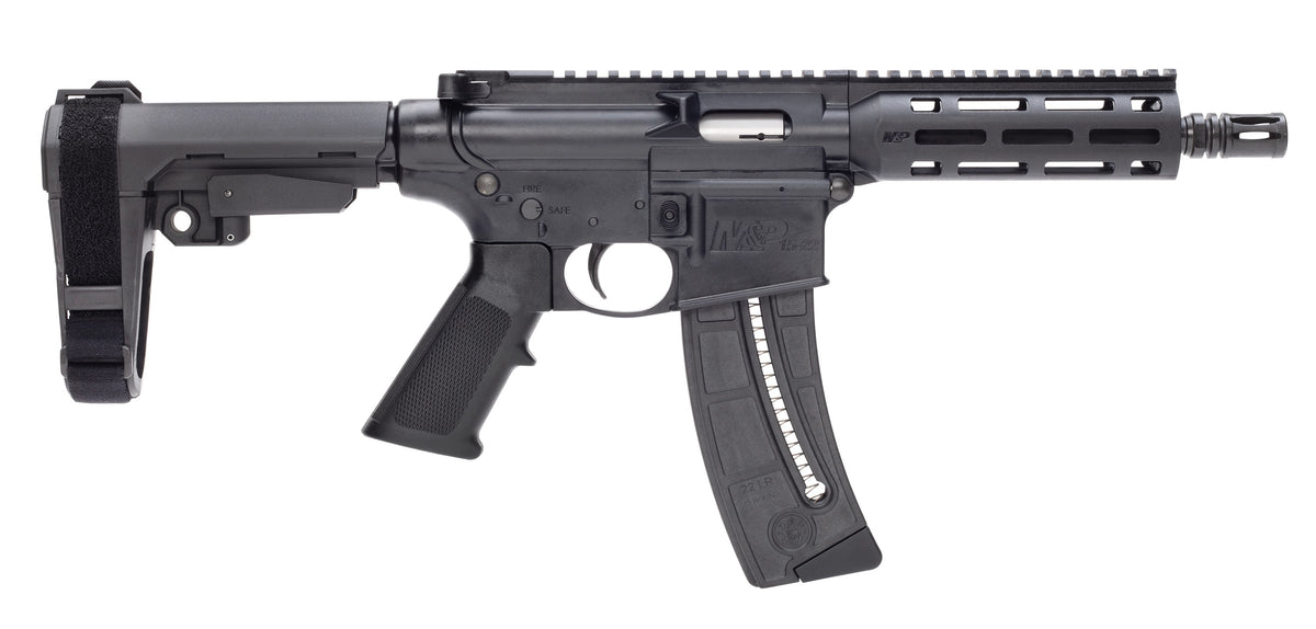 Smith & Wesson 13321 M&P15 Pistol 22 LR 8" Black Carbon Steel Barrel 25+1, Black SB Tactical SBA3 Adjustable Arm Brace Stock, Black Magpul MOE Grip, Manual Safety, Optics Ready