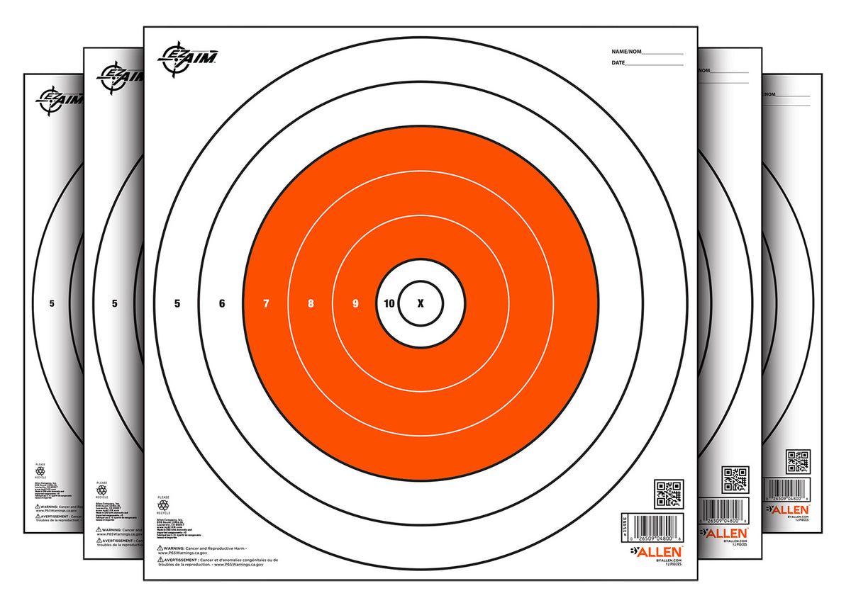 EZ-Aim 15496 White/Orange Bullseye Paper Hanging Shooting Target 12" x 12" 12 Per Pack