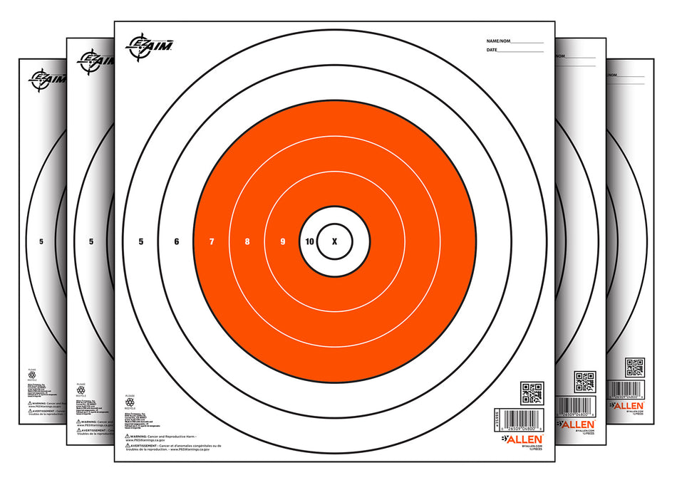 EZ-Aim 15496 White/Orange Bullseye Paper Hanging Shooting Target 12" x 12" 12 Per Pack