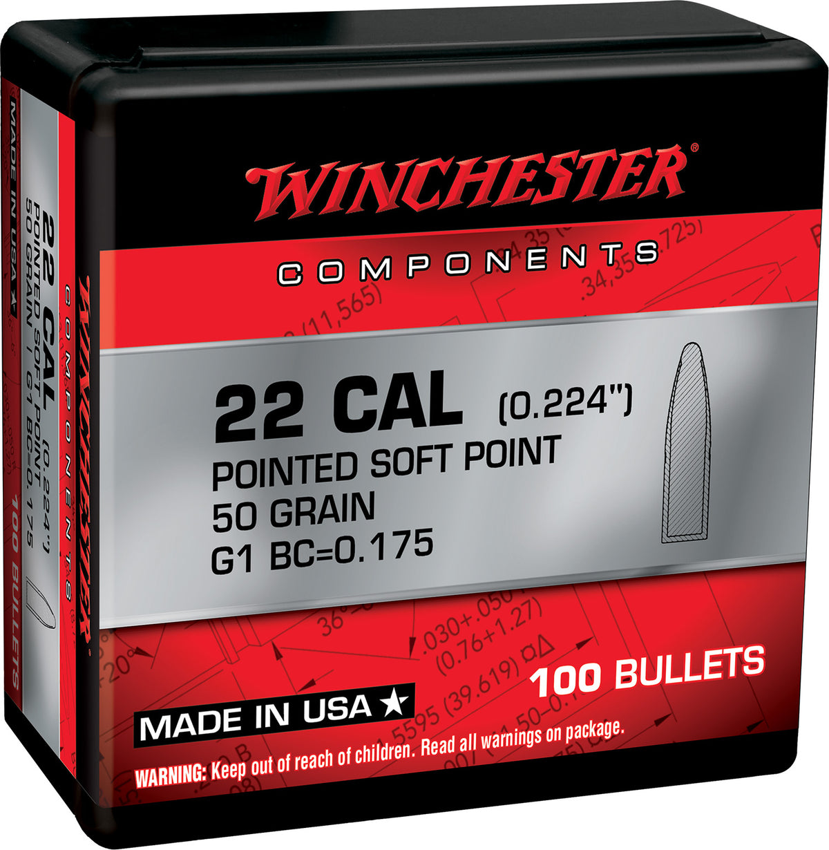 Winchester WB222SP50X 222 Remington 50gr PSP Reloading Bullets 100 Per Box