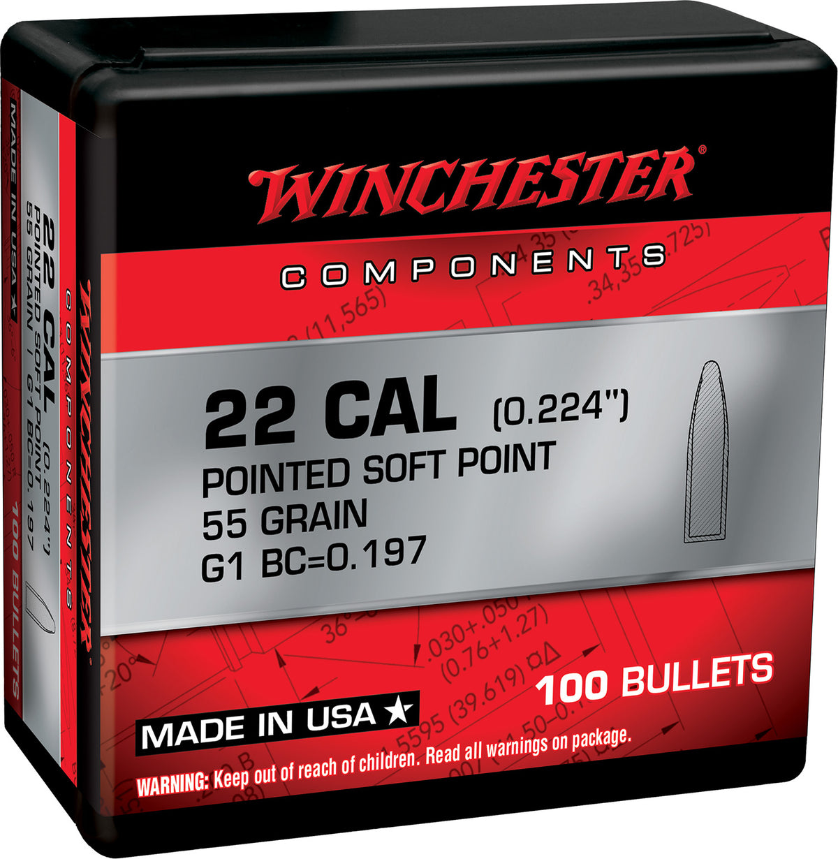 Winchester WB223SP55X 223 Remington 55gr PSP Reloading Bullets 100 Per Box