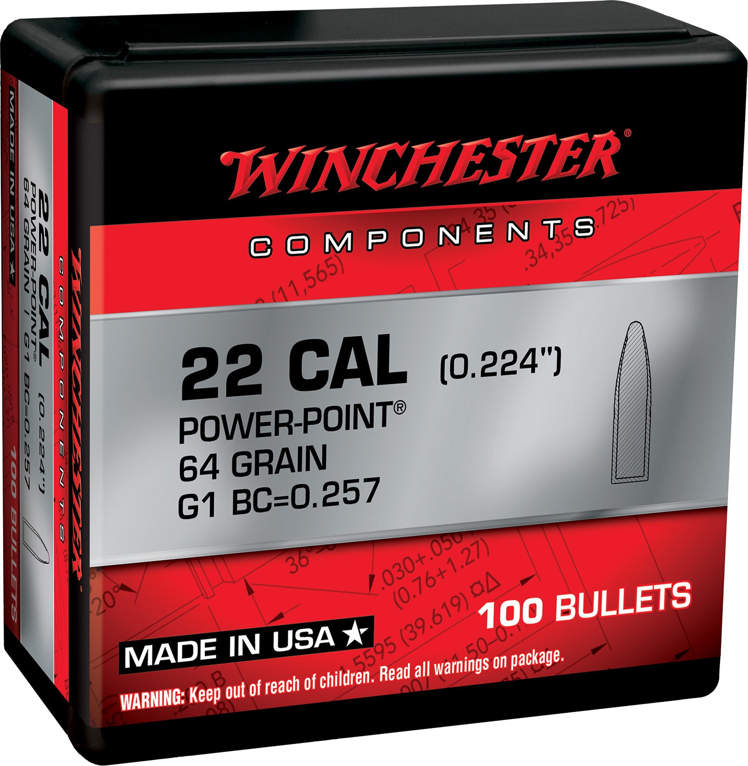 Winchester WB223PP64X 223 Remington 64gr Power Point Reloading Bullets 100 Per Box