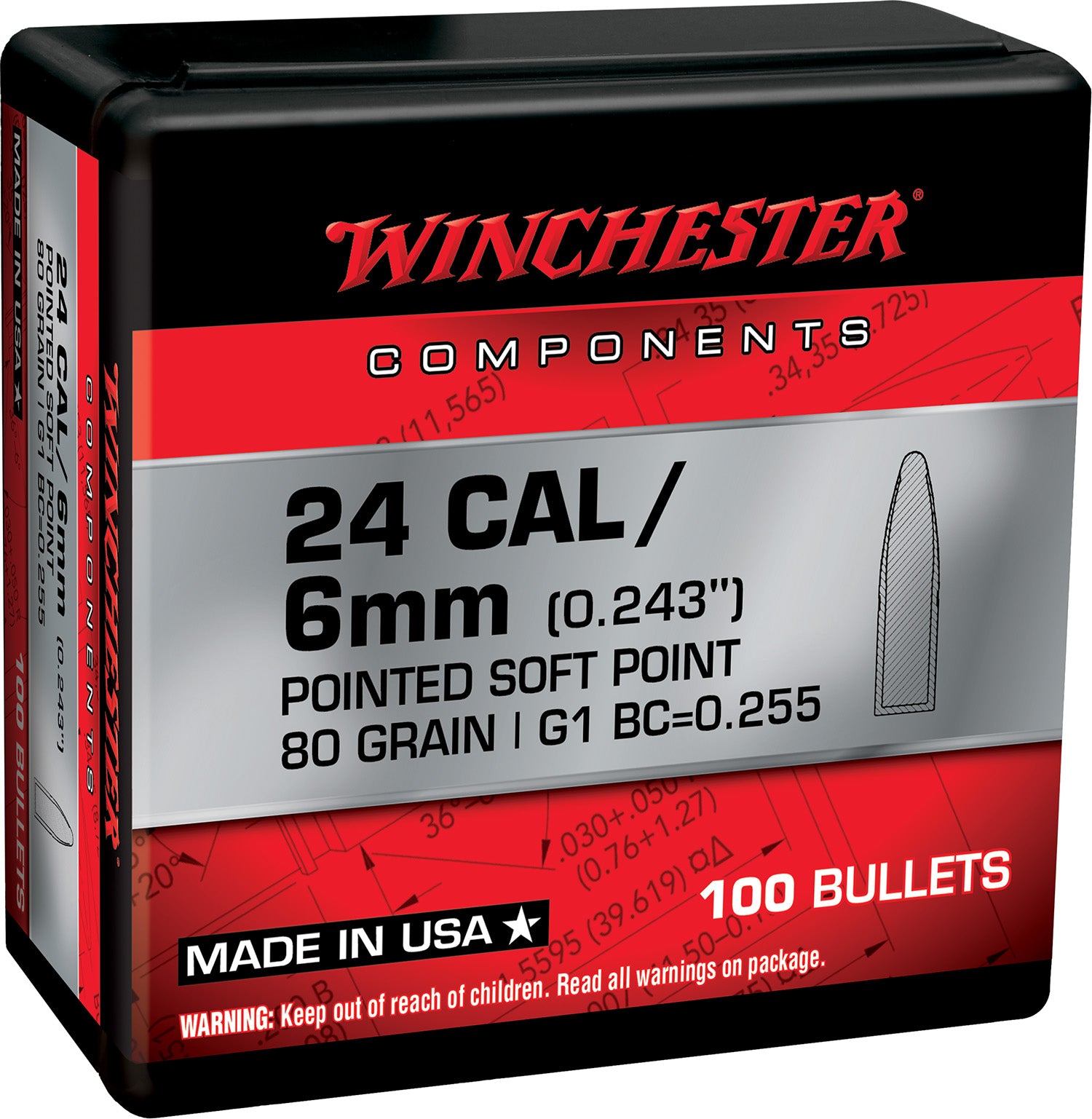 Winchester WB243SP80X 243 Winchester 80gr PSP Reloading Bullets 100 Per Box
