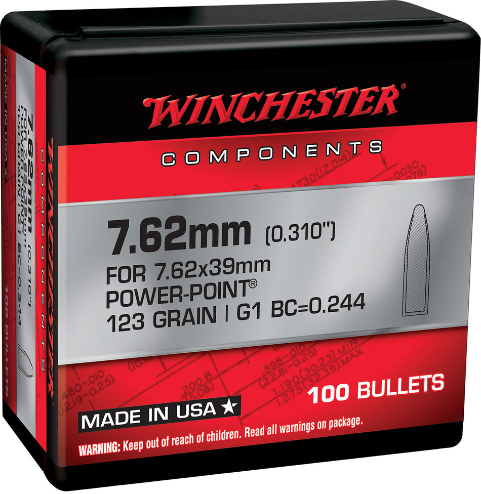 Winchester WB762P123X 7.62mm 123gr Power Point Reloading Bullets 100 Per Box
