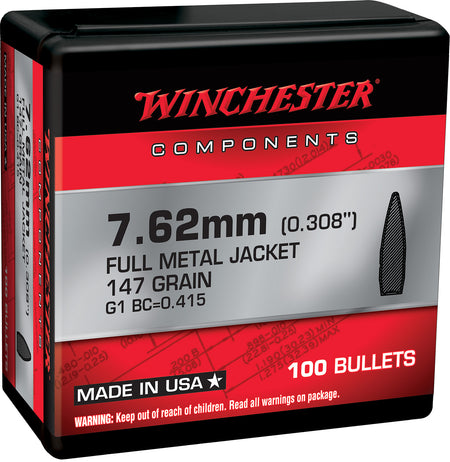 Winchester 7.62mm 147 Grain Full Metal Jacket Boat Tail Component Bullets 100 Per Box