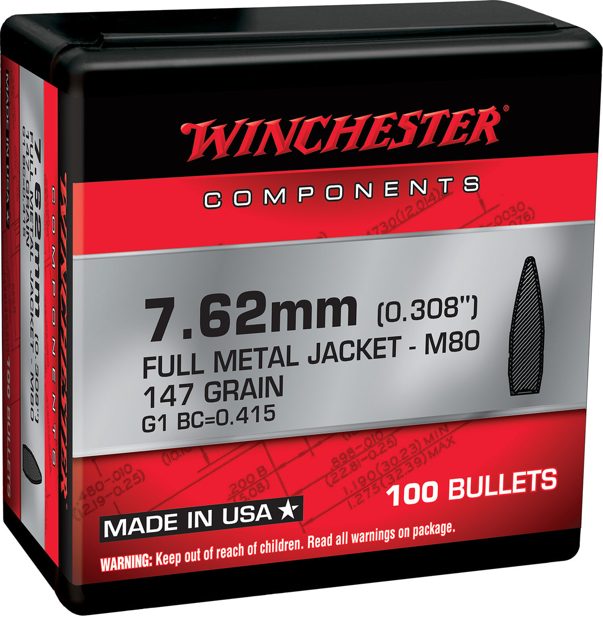 Winchester 308Win 7.62x51mm NATO 147 Grain Full Metal Jacket Component Bullets 100 Per Box