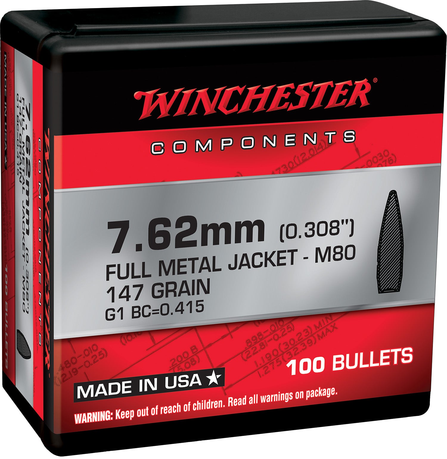 Winchester 308Win 7.62x51mm NATO 147 Grain Full Metal Jacket Component Bullets 100 Per Box