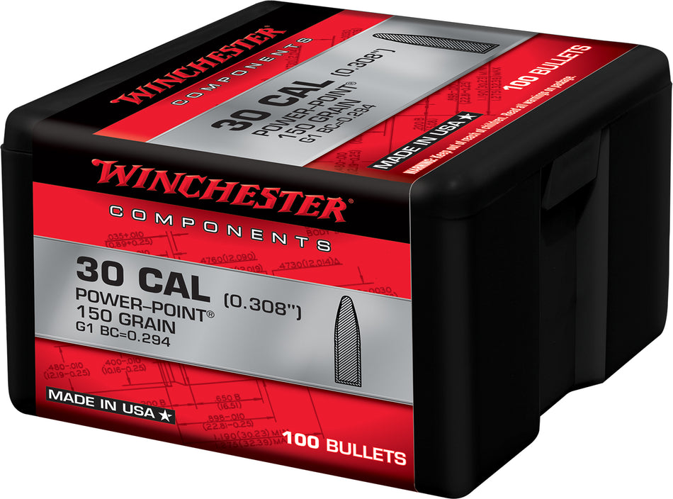 Winchester 30Cal 150 Grain Power Point Component Bullets for Reloading 100 Per Box