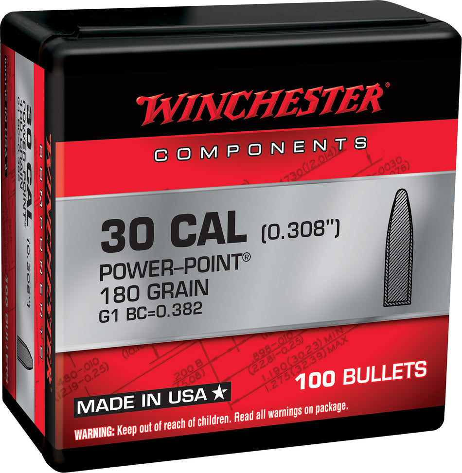 Winchester 308 Winchester 180 Grain Power Point Component Reloading Bullets 100 Per Box