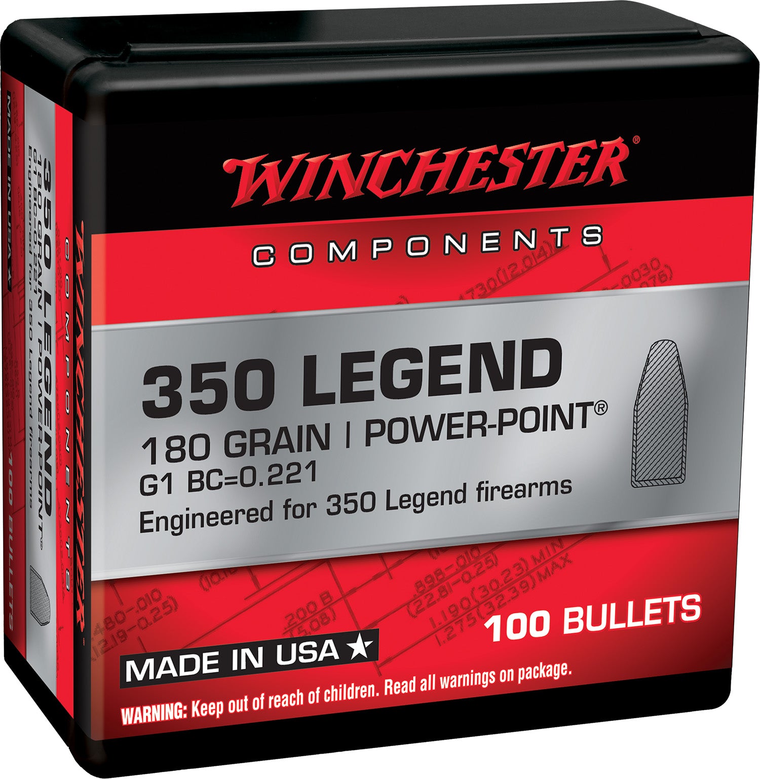 Winchester 350 Legend 180 Grain Power Point Component Reloading Bullets 100 Per Box