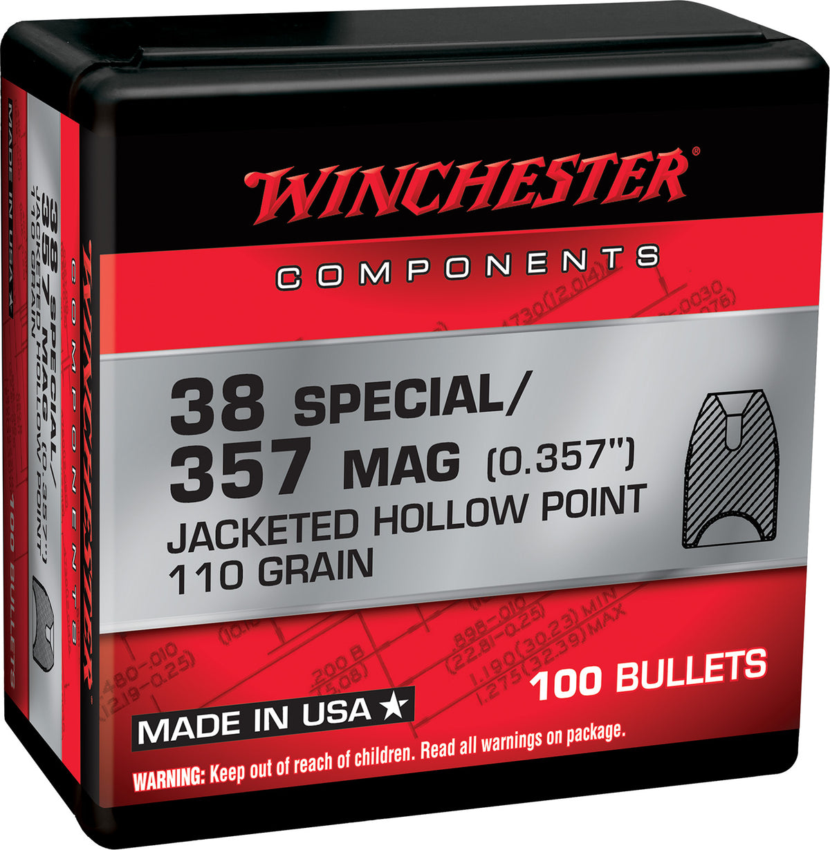 Winchester 38 Special 110 Grain JHP Component Reloading Bullets 100 Per Box