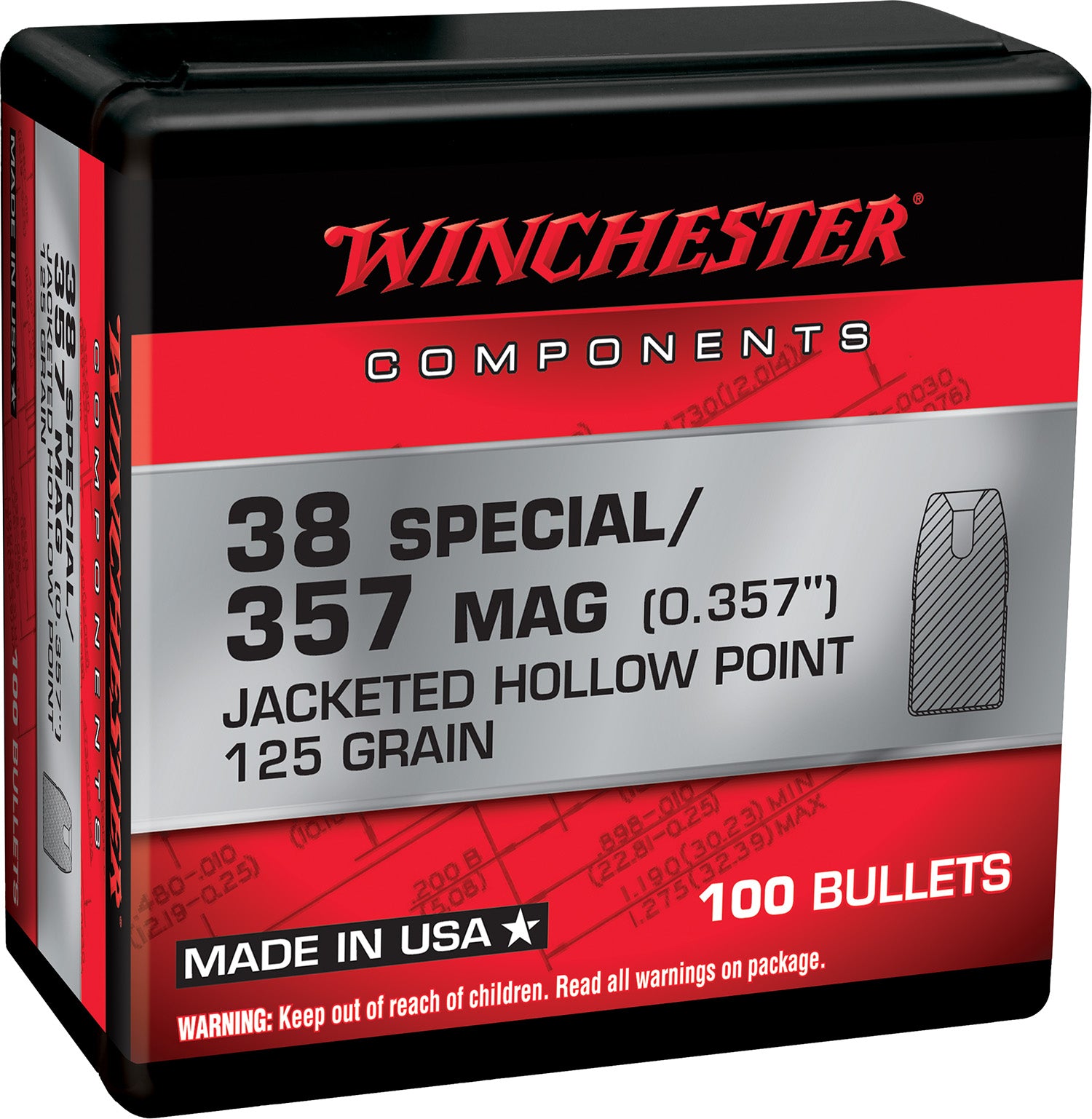 Winchester 38 Special 125 Grain JHP Component Reloading Bullets 100 Per Box