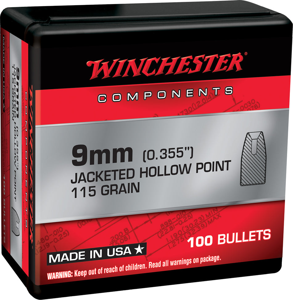Winchester 9mm 115 Grain JHP Component Reloading Bullets 100 Per Box