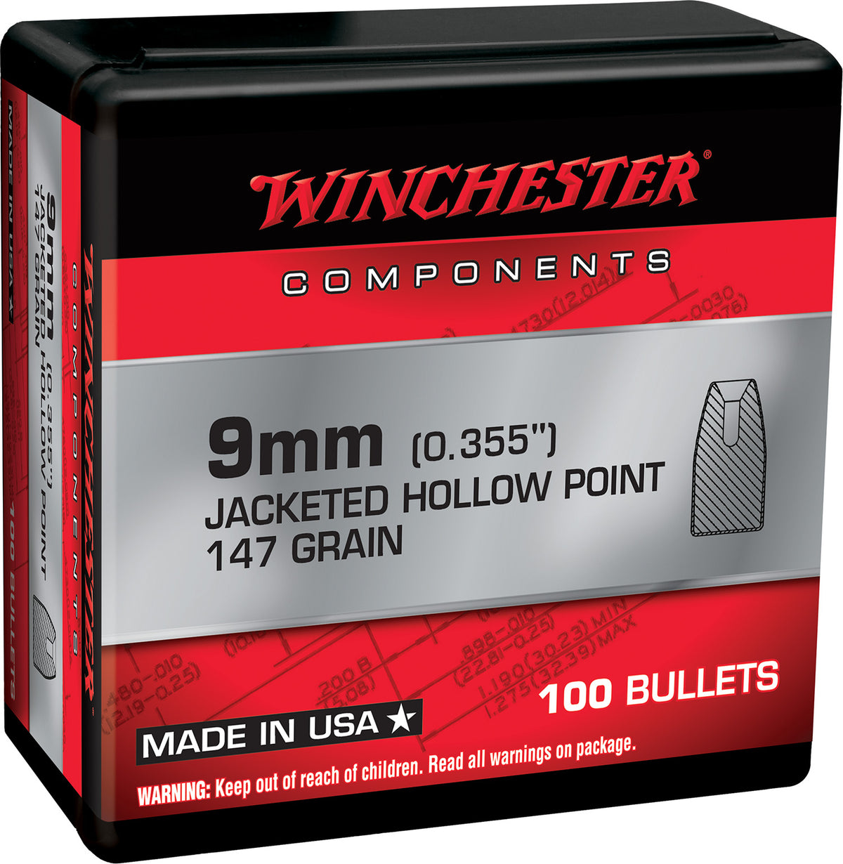 Winchester 9mm 147 Grain JHP Component Reloading Bullets 100 Per Box