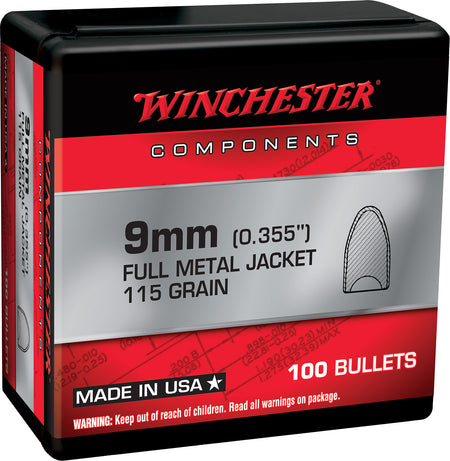 Winchester 9mm 115 Grain FMJ Flat Base Component Reloading Bullets 100 Per Box