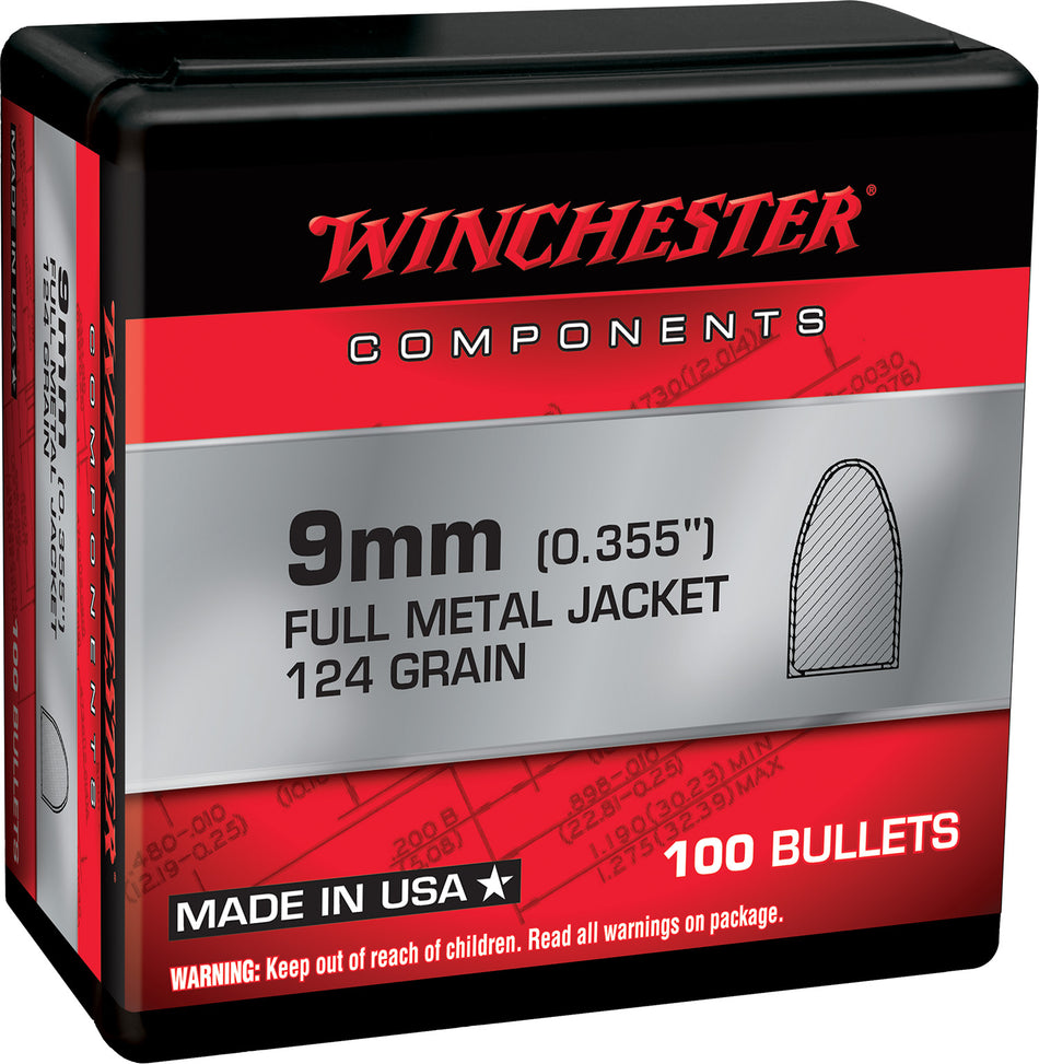Winchester 9mm 124 Grain FMJ Component Reloading Bullets 100 Per Box