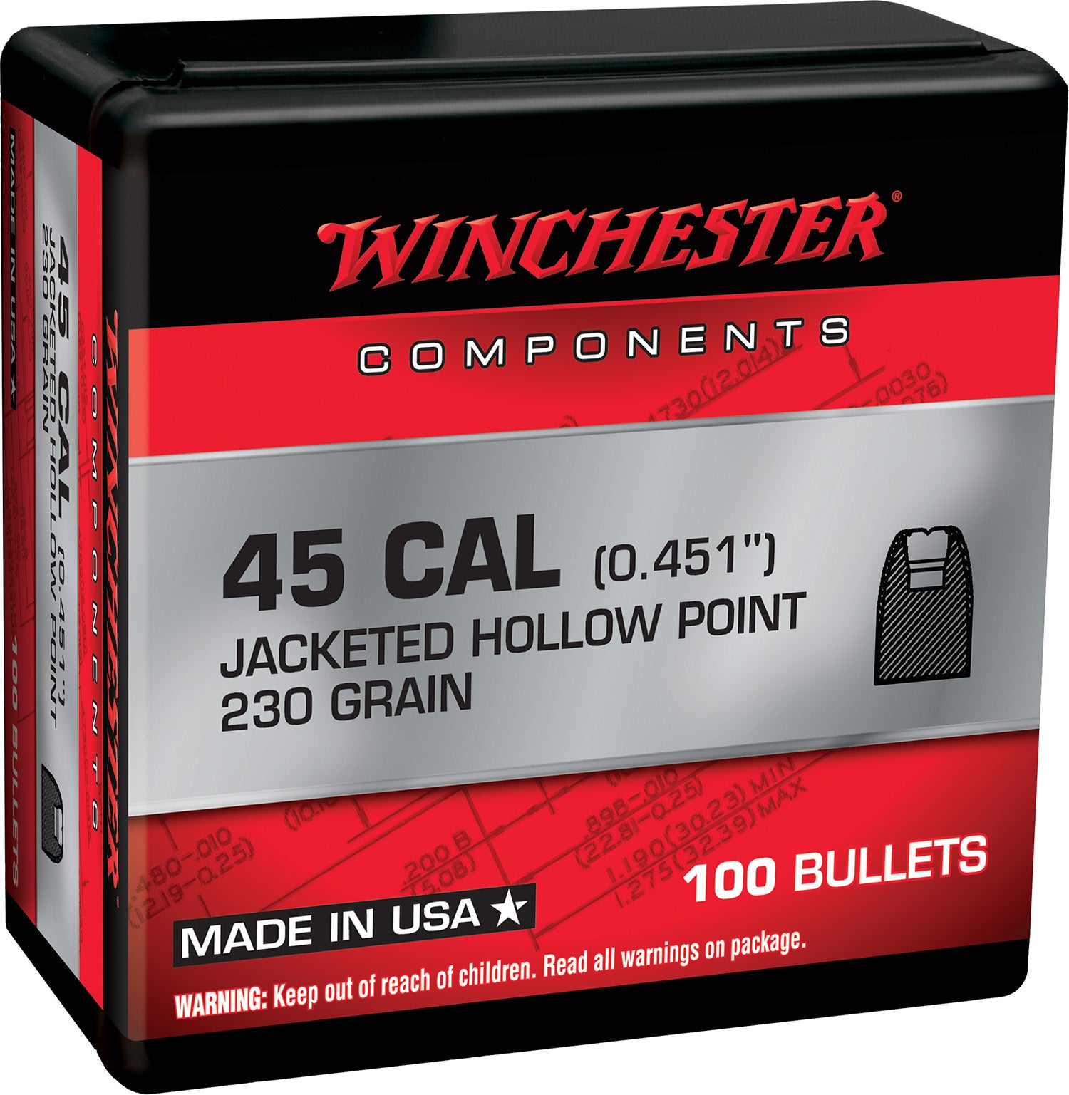 Winchester WB45HP230X .45 Caliber 230gr JHP Component Reloading Bullets 100 Per Box