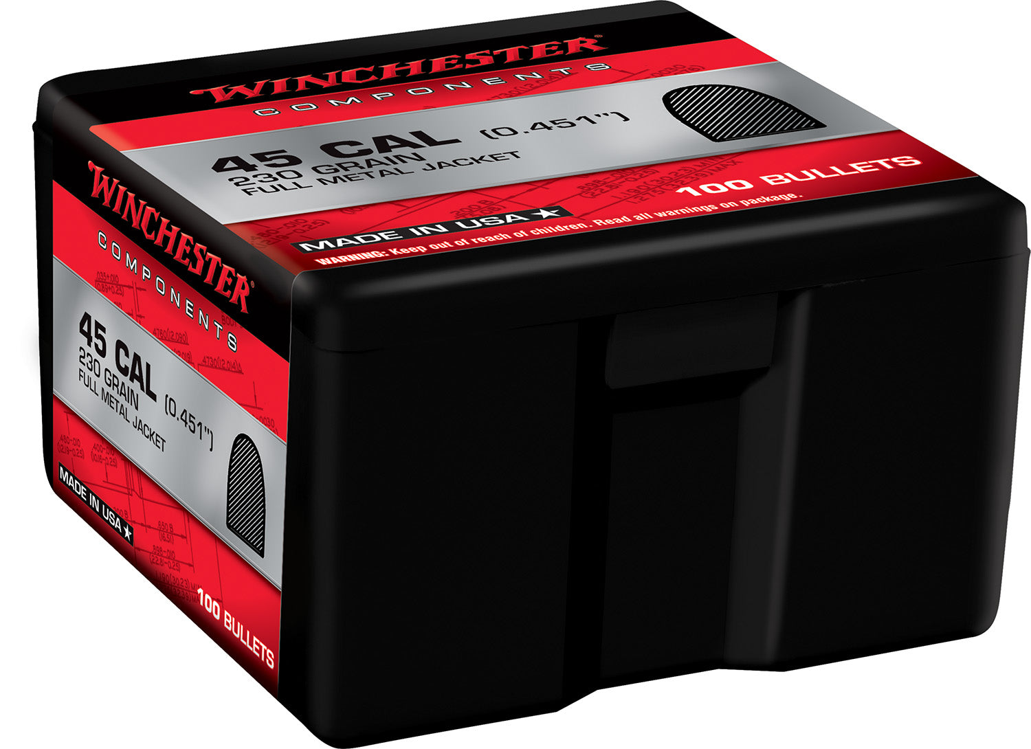 Winchester WB45MC230X .45 Caliber 230gr FMJ Component Reloading Bullets 100 Per Box