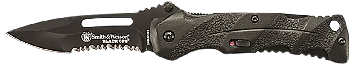 Smith & Wesson Knives SWBLOP2BSCP Black Ops Folding Drop Point Serrated Stainless Steel Blade Black Aluminum Handle