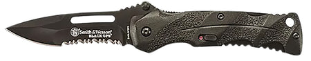 Smith & Wesson Knives SWBLOP2BSCP Black Ops Folding Drop Point Serrated Stainless Steel Blade Black Aluminum Handle