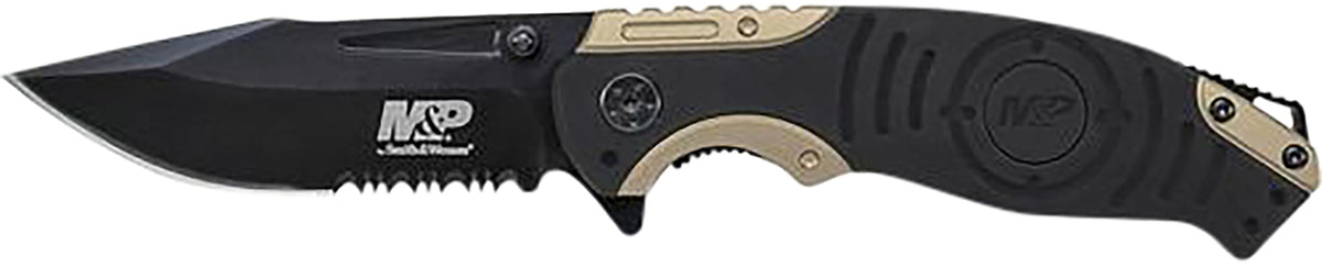 Smith & Wesson Knives SWP13BSCP M&P Folding Part Serrated Stonewashed 8Cr13MoV SS Blade Black/Tan Aluminum Handle Pocket Clip
