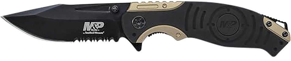 Smith & Wesson Knives SWP13BSCP M&P Folding Part Serrated Stonewashed 8Cr13MoV SS Blade Black/Tan Aluminum Handle Pocket Clip